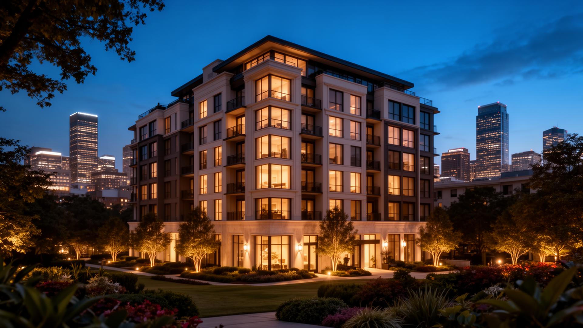 Luxury Atlanta multifamily community at twilight with city skyline